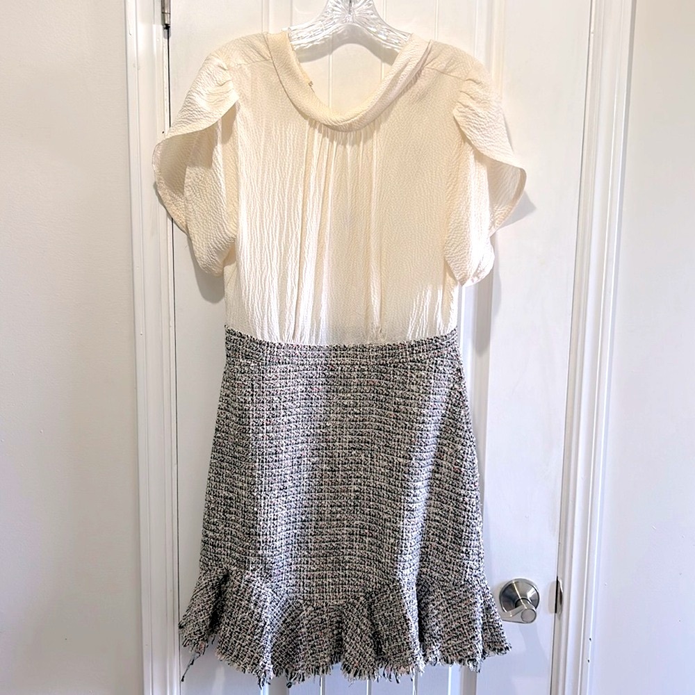 Rebecca Taylor Silky white ivory top with cap slit sleeves and bottom is Tweed
